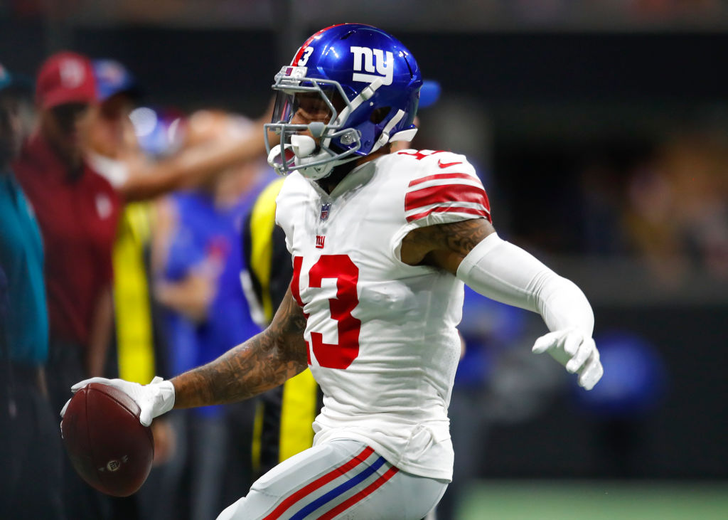 ATLANTA, GA - OCTOBER 22: New York Giants wide receiver Odell Beckham (13) is pushed out of bounds in an NFL football game between the New York Giants and Atlanta Falcons on October 22, 2018 at Mercedes-Benz Stadium. The Atlanta Falcons won the game 23-20. (Photo by Todd Kirkland/Icon Sportswire via Getty Images)