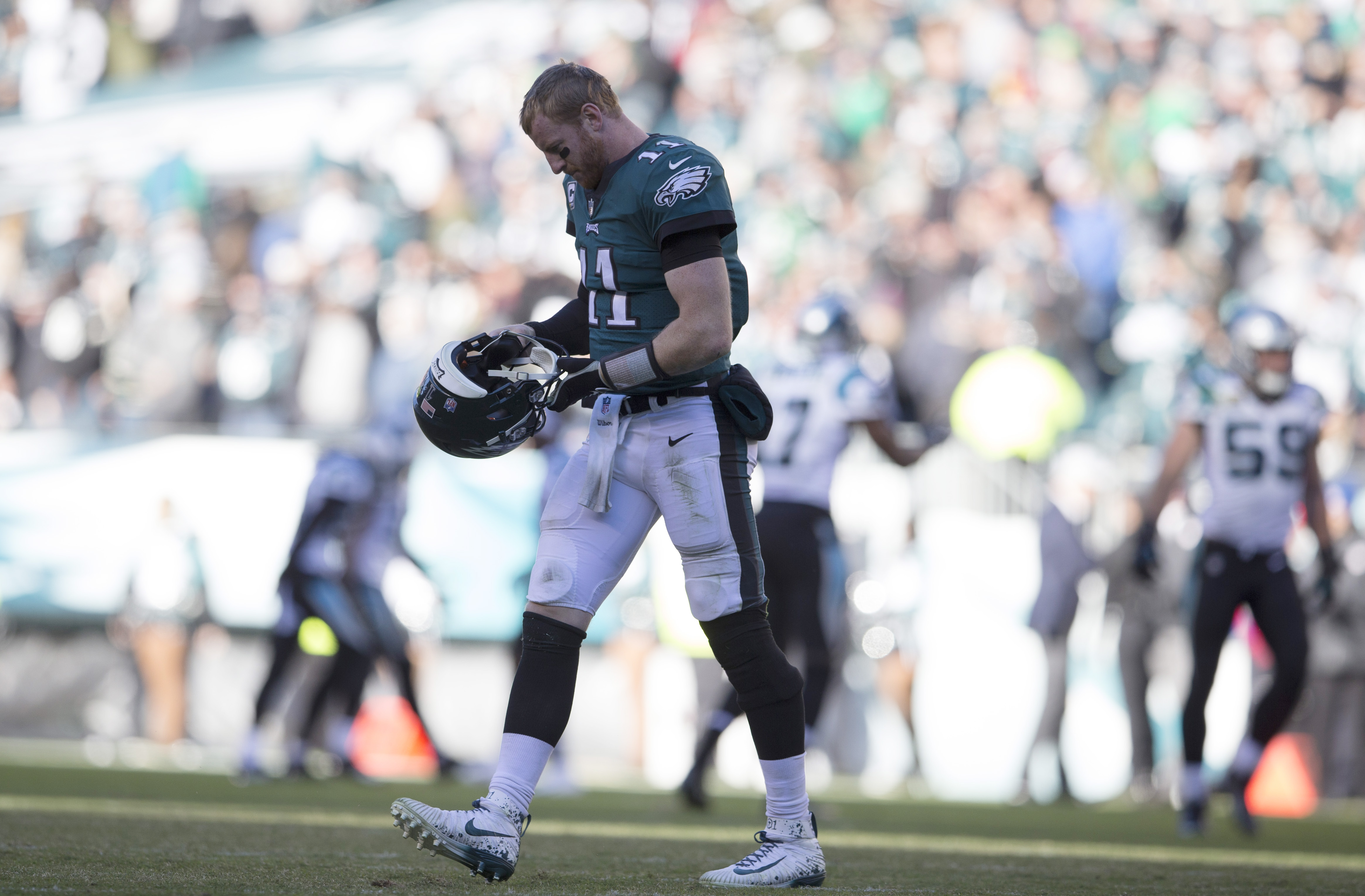 PHILADELPHIA, PA - OCTOBER 21: Carson Wentz #11 of the Philadelphia Eagles reacts after a turnover on downs in the final moments of the game against the Carolina Panthers at Lincoln Financial Field on October 21, 2018 in Philadelphia, Pennsylvania. (Photo by Mitchell Leff/Getty Images)