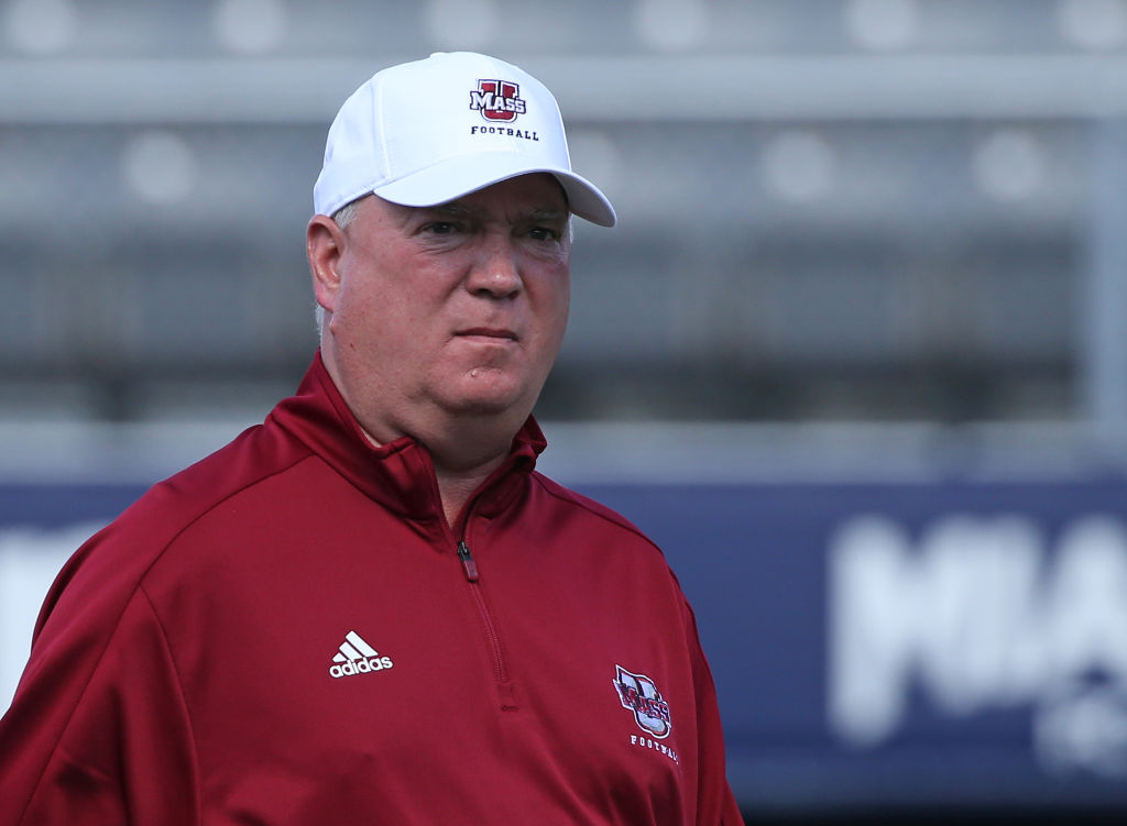 Head coach Mark Whipple of the Massachusetts Minutemen watches the players warm up prior to the game against the Florida International Golden Panthers on December 2, 2017 at Riccardo Silva Stadium in Miami, Florida. (Photo by Joel Auerbach/Getty Images)