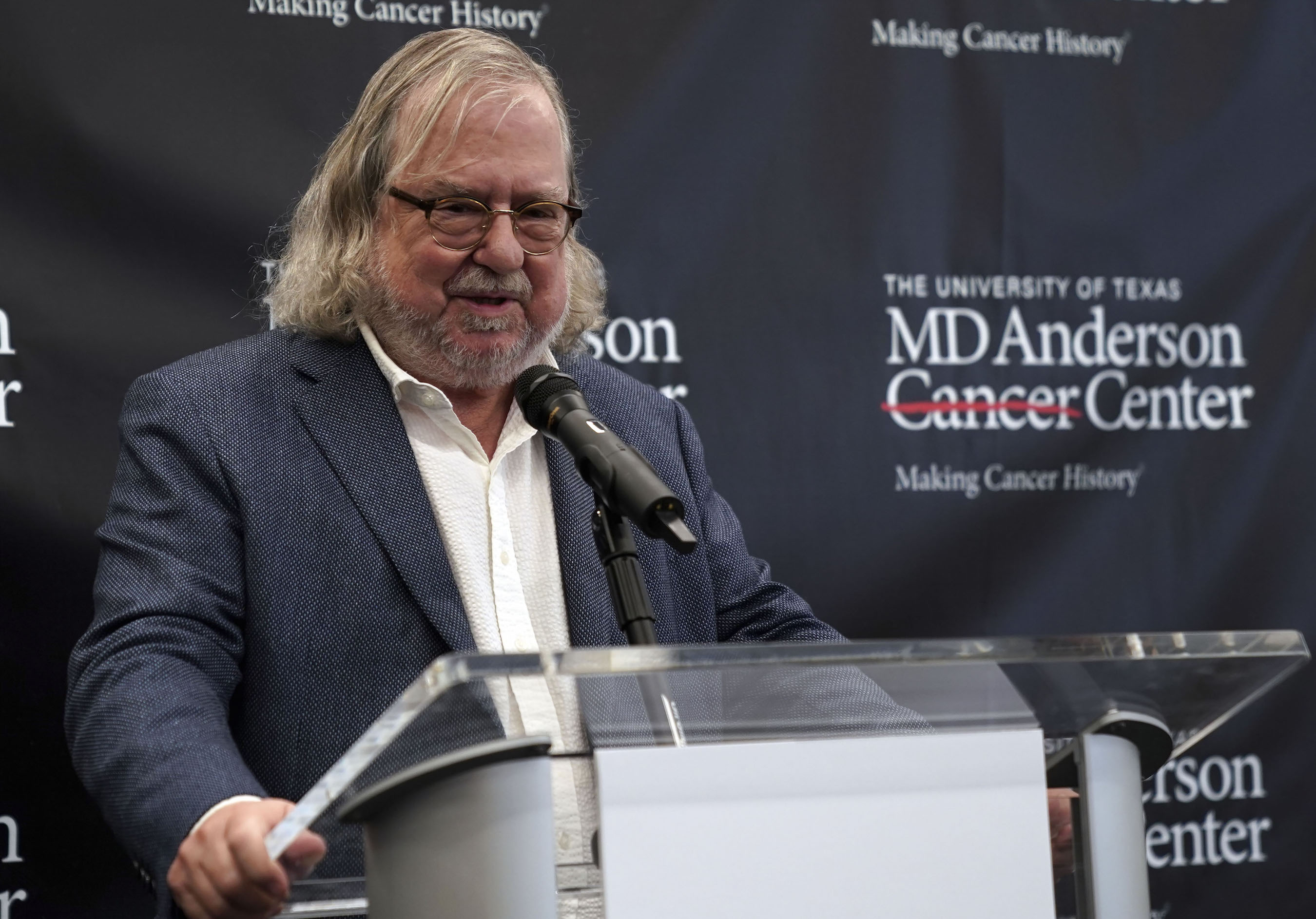 James Allison, currently at the MD Anderson Cancer Center at the University of Texas, holds a press conference in New York October 1, 2018 after winning the Nobel Prize in physiology or medicine along with Kyoto Universitys Tasuku Honjo. Allison was awarded the prize for his cancer research in immunotherapy. (Photo by TIMOTHY A. CLARY/AFP/Getty Images)