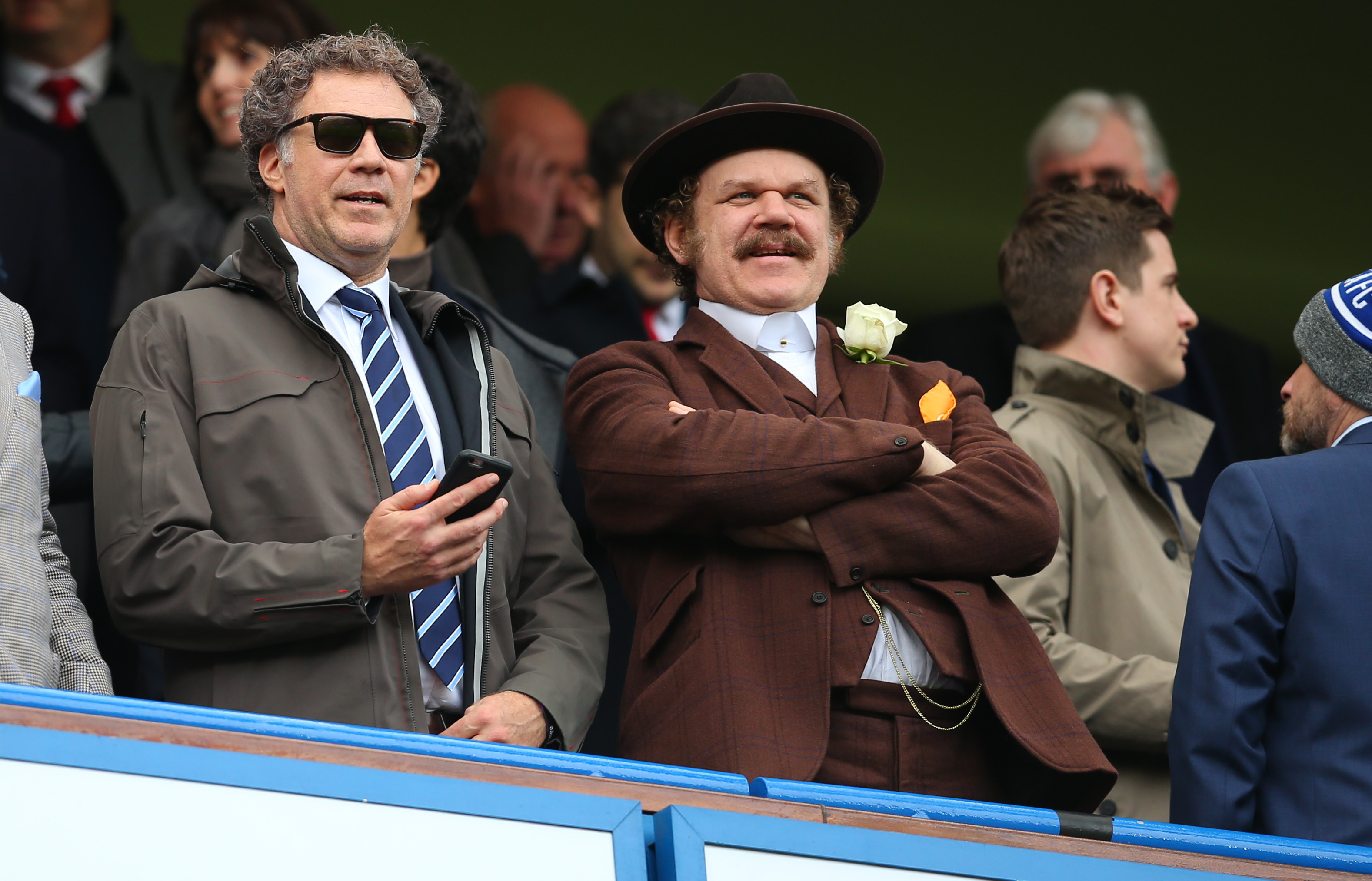 Will Ferrell and John C Reilly during the Premier League match between Chelsea and Arsenal at Stamford Bridge on February 4, 2017 in London, England. The trailer for Ferrell and Reilly's next movie "Holmes and Watson" was recently released. (Photo by Catherine Ivill - AMA/Getty Images)