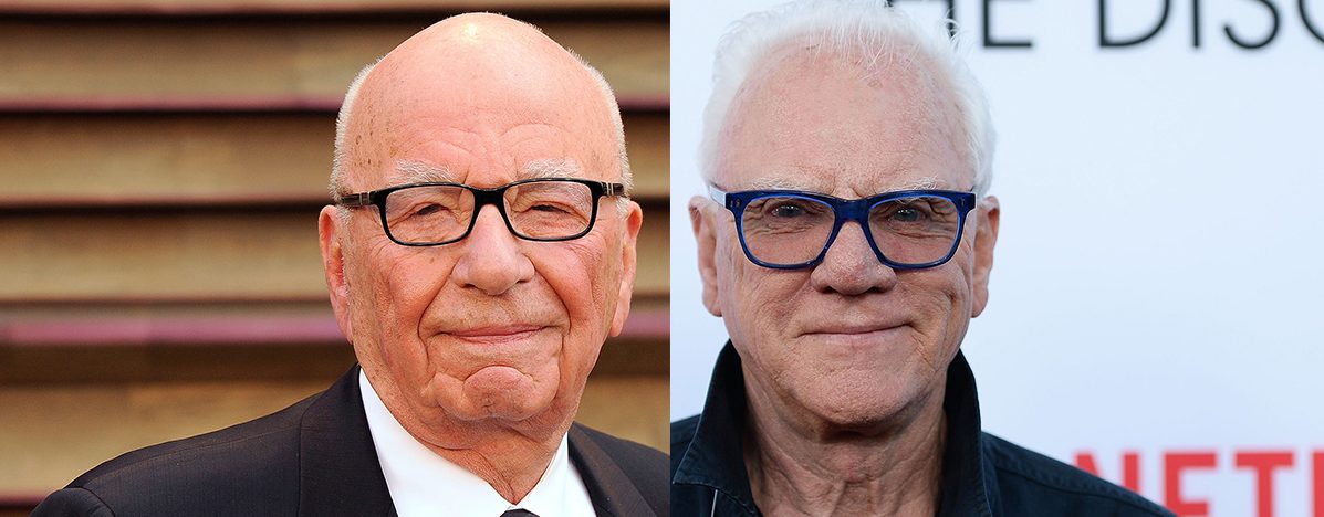 (l.) Rupert Murdoch arrives to the 2014 Vanity Fair Oscar Party on March 2, 2014 in West Hollywood, California. (Photo by C Flanigan/WireImage)
 (r.) Actor Malcolm McDowell arrives at the premiere of Netflix's 'The Discovery' at the Vista Theatre on March 29, 2017 in Los Angeles, California. (Photo by Amanda Edwards/WireImage)