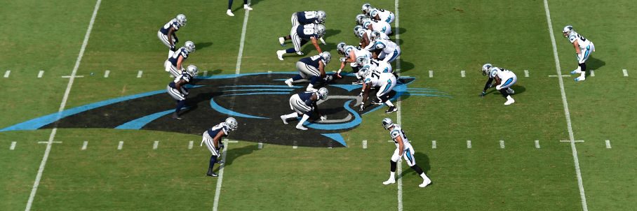 CHARLOTTE, NC - SEPTEMBER 09:  Detail photo of the Carolina Panthers logo at midfield at Bank of America Stadium during the game against the Dallas Cowboys on September 9, 2018 in Charlotte, North Carolina. The Panthers won 16-8.  (Photo by Grant Halverson/Getty Images)