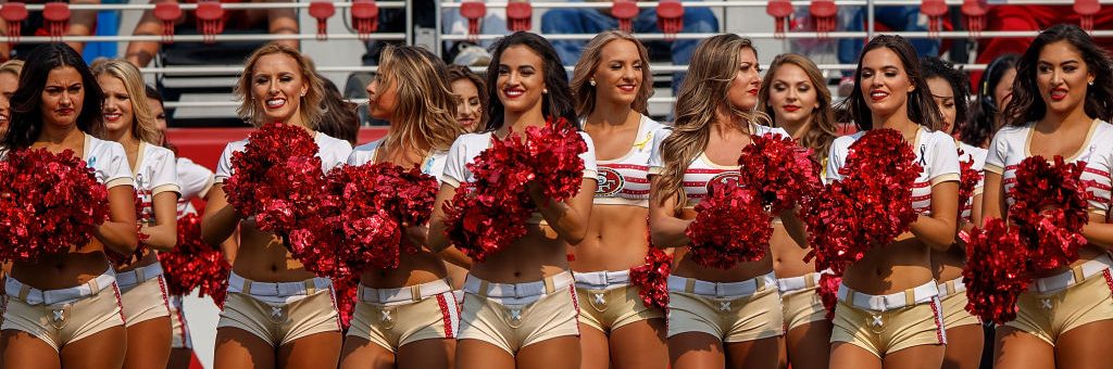 SANTA CLARA, CA - OCTOBER 07: San Francisco 49ers cheerleaders on the sidelines during the first quarter against the Arizona Cardinals at Levi's Stadium on October 7, 2018 in Santa Clara, California. The Arizona Cardinals defeated the San Francisco 49ers 28-18. (Photo by Jason O. Watson/Getty Images)