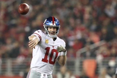 SANTA CLARA, CA - NOVEMBER 12: Eli Manning #10 of the New York Giants attempts a pass against the San Francisco 49ers during their NFL game at Levi's Stadium on November 12, 2018 in Santa Clara, California. (Photo by Ezra Shaw/Getty Images)