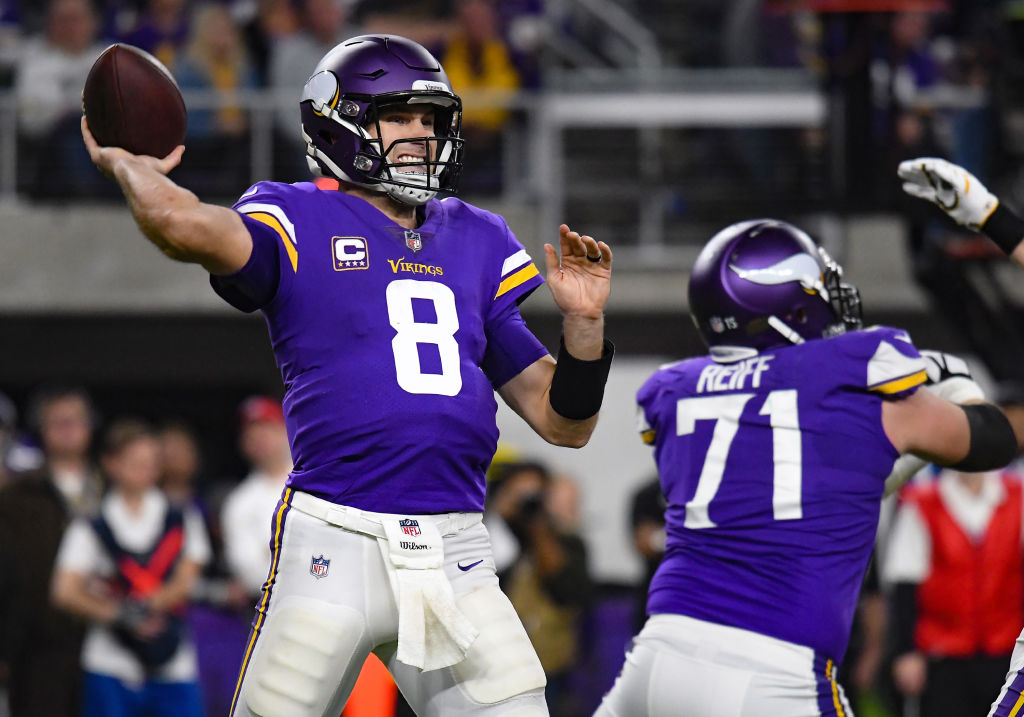 Minnesota Vikings Quarterback Kirk Cousins (8) makes a throw during an NFL game between the Minnesota Vikings and Green Bay Packers on November 25, 2018 at U.S. Bank Stadium in Minneapolis, Minnesota. The Vikings defeated the Packers 24-17.(Photo by Nick Wosika/Icon Sportswire via Getty Images)