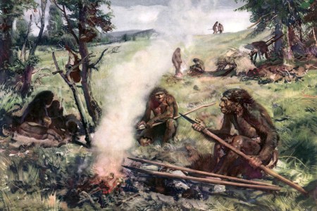 Illustration of Neanderthal man sitting around fire holding lance-like weapon; circa 30,000 BC.  (Photo by Time Life Pictures/Mansell/The LIFE Picture Collection/Getty Images)