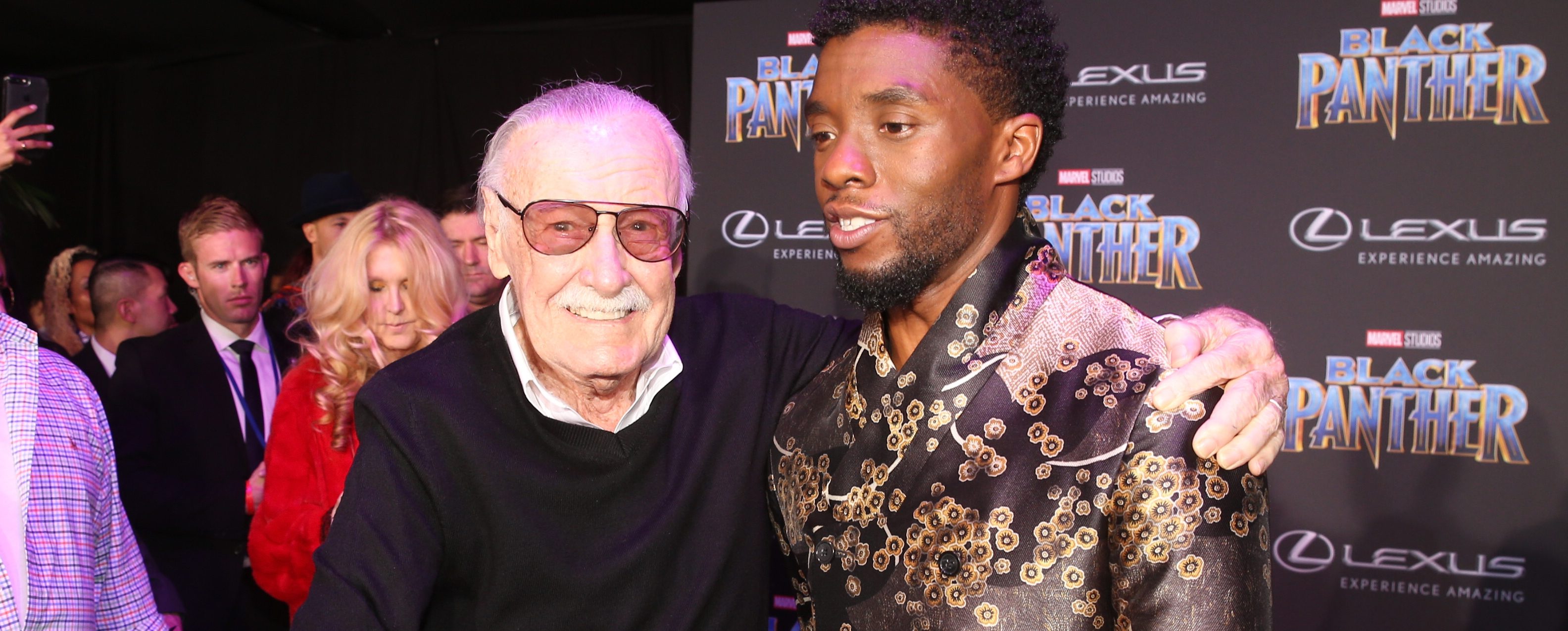 Executive producer Stan Lee (L) and actor Chadwick Boseman at the Los Angeles World Premiere of Marvel Studios' BLACK PANTHER at Dolby Theatre on January 29, 2018 in Hollywood, California.  (Photo by Jesse Grant/Getty Images for Disney)