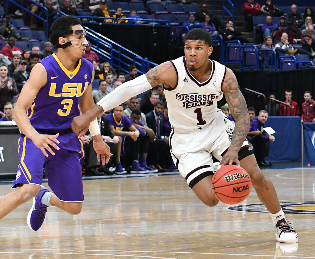 ST.  LOUIS, MO - MARCH 08: Mississippi State guard Lamar Peters (1) drives around LSU guard Tremont Waters (3) during a Southeastern Conference Basketball Tournament game between LSU and Mississippi State on March 08, 2018, at Scottrade Center, St. Louis, MO. (Photo by Keith Gillett/Icon Sportswire via Getty Images).