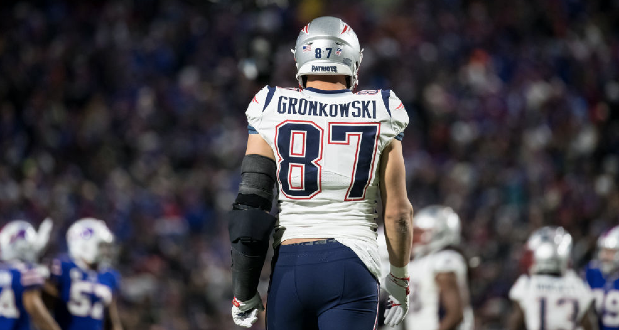 ORCHARD PARK, NY - OCTOBER 29: Detail of Rob Gronkowski #87 of the New England Patriots jersey nameplate during the second quarter against the Buffalo Bills at New Era Field on October 29, 2018 in Orchard Park, New York. New England defeats Buffalo 25-6. (Photo by Brett Carlsen/Getty Images)