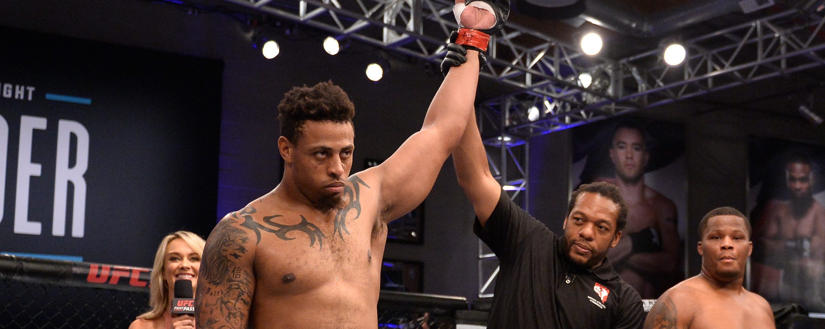 Greg Hardy celebrates after his TKO victory over Tebaris Gordon in their heavyweight fight during Dana White's Tuesday Night Contender Series at the TUF Gym on August 7, 2018 in Las Vegas, Nevada. (Photo by Chris Unger/DWTNCS LLC)