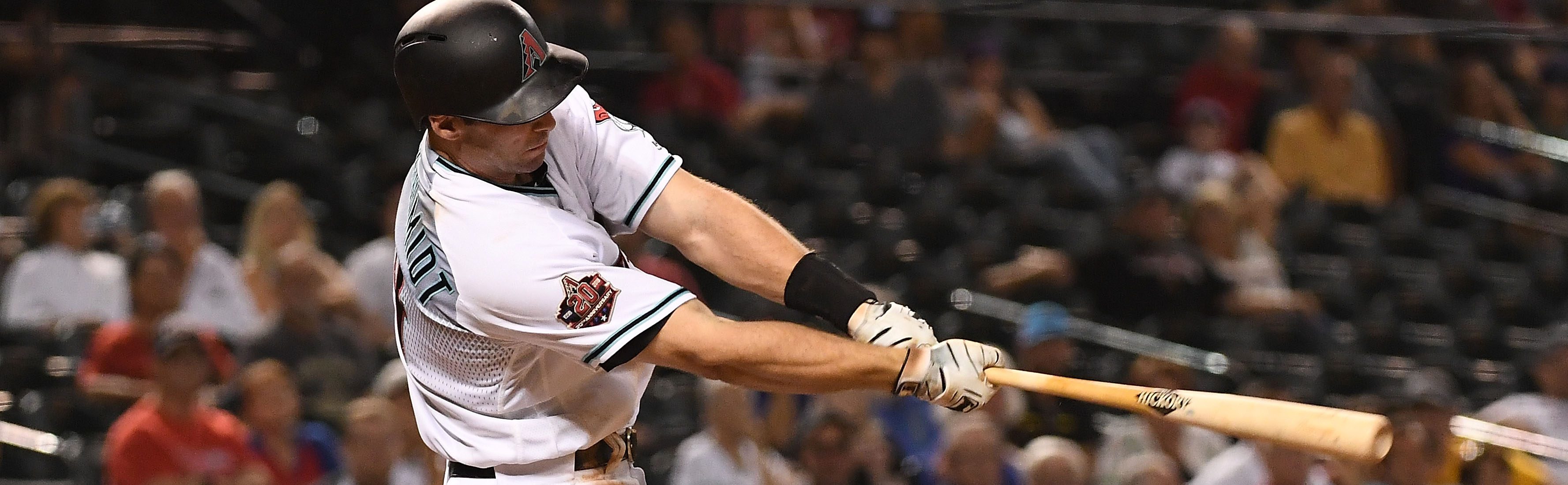 Paul Goldschmidt #44 of the Arizona Diamondbacks hits an RBI double in the eighth inning of the MLB game against the Philadelphia Phillies at Chase Field on August 7, 2018 in Phoenix, Arizona.  (Photo by Jennifer Stewart/Getty Images)