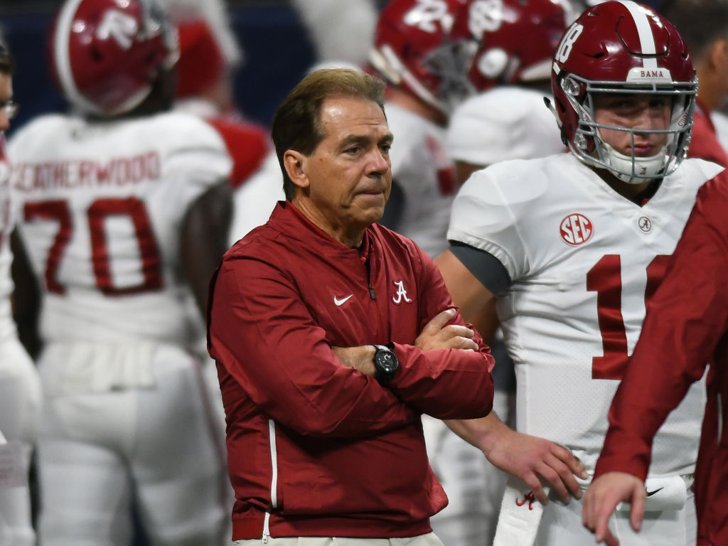 ATLANTA, GA - DECEMBER 01: Alabama Crimson Tide Head Coach Nick Saban watches his team during warmups before the SEC Championship between the Alabama Crimson Tide and the Georgia Bulldogs on December 01, 2018, at Mercedes-Benz Stadium in Atlanta, GA. (Photo by Jeffrey Vest/Icon Sportswire via Getty Images)