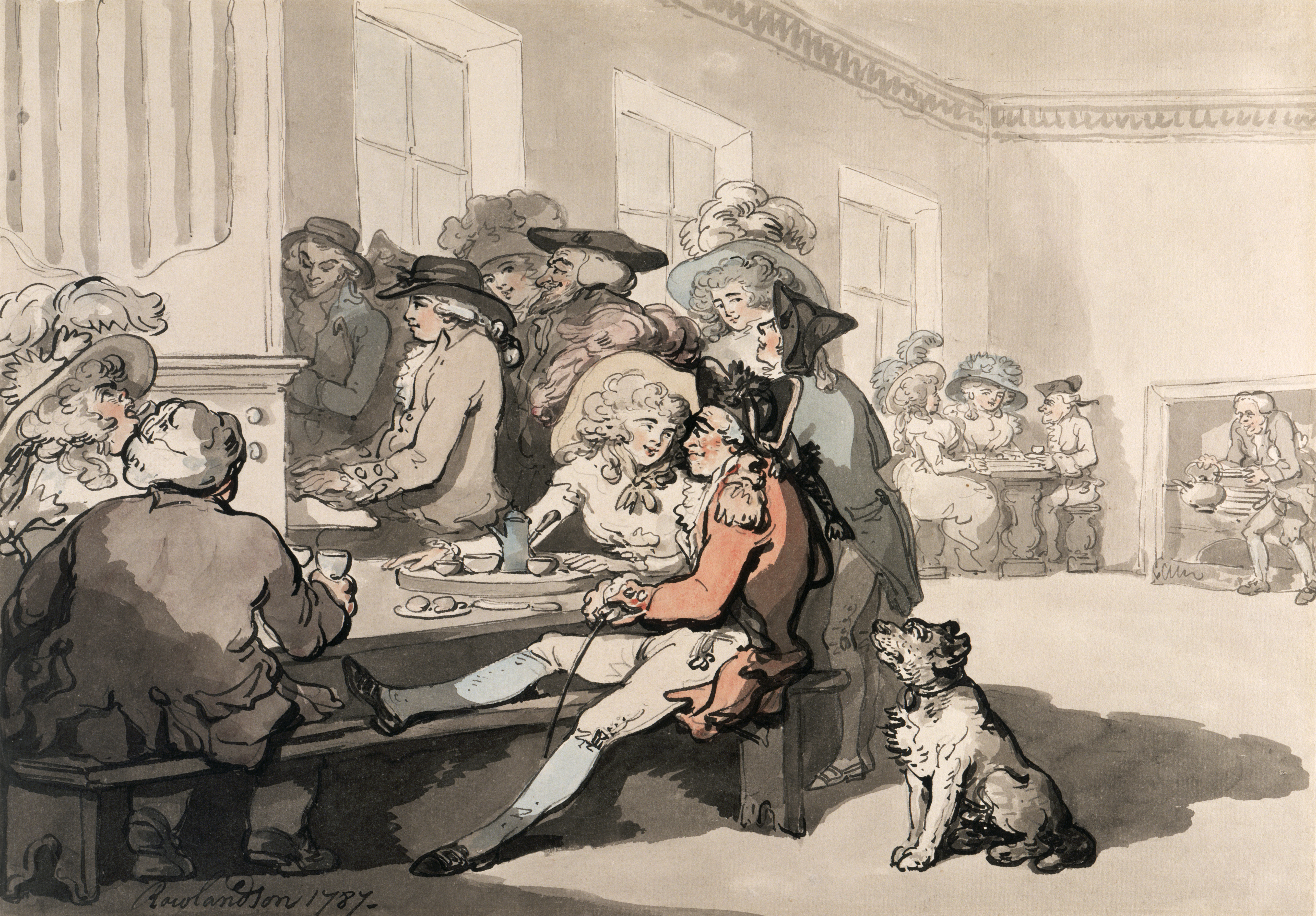 'The Chocolate House', 1787. People taking tea, coffee, and chocolate at the White Conduit House, Islington, London. A woman and a soldier flirt over a cup of chocolate in one of London's fashionable establishments. A dog waits anxiously as his master relaxes. An organist entertains the customers. (Photo by Museum of London/Heritage Images/Getty Images)