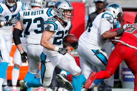 TAMPA, FL - DEC 02:  Christian McCaffrey (22) of the Panthers carries the ball during the regular season game between the Carolina Panthers and the Tampa Bay Buccaneers on December 02, 2018 at Raymond James Stadium in Tampa, Florida. (Photo by Cliff Welch/Icon Sportswire via Getty Images)