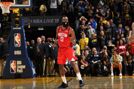 OAKLAND, CA - JANUARY 3:  James Harden #13 of the Houston Rockets celebrates after the game against the Golden State Warriors on January 3, 2019 at ORACLE Arena in Oakland, California. (Photo by Noah Graham/NBAE via Getty Images)