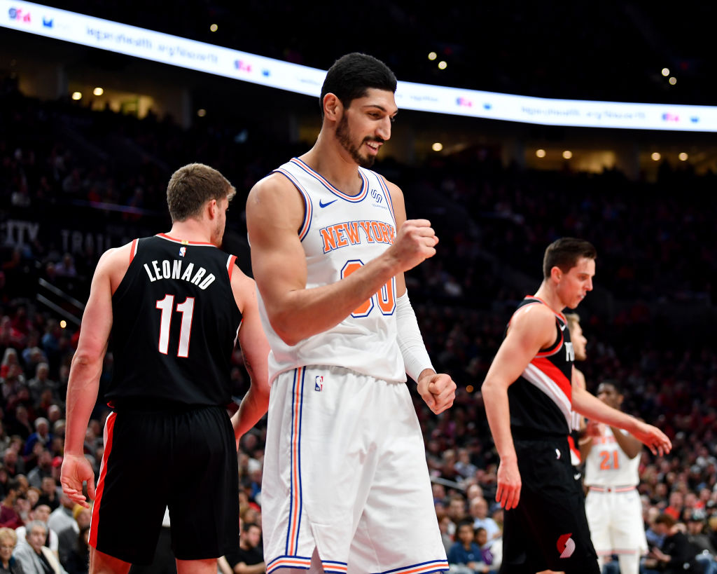 PORTLAND, OREGON - JANUARY 07: Enes Kanter #00 of the New York Knicks is jazzed getting a beneficial foul at the Moda Center on January 07, 2019 in Portland, Oregon. (Photo by Alika Jenner/Getty Images)