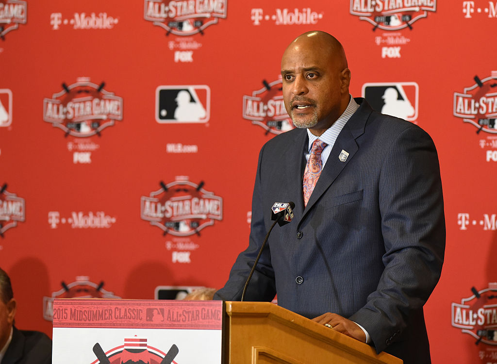 Executive Director of  the Major League Baseball Players Association Tony Clark talks to reporters during the MLB All Star Media Availability Day at the Westin Cincinnati Hotel on July 13, 2015 in Cincinnati, Ohio.  (Photo by Mark Cunningham/MLB Photos via Getty Images)