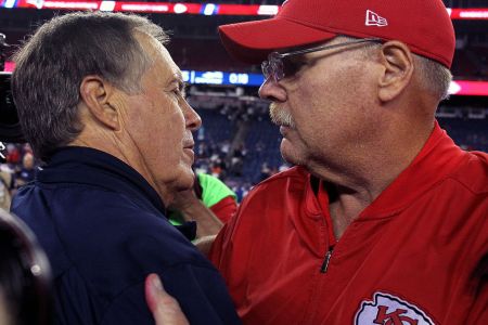 FOXBOROUGH, MA - SEPTEMBER 7: New England Patriots head coach Bill Belichick and Kansas City Chiefs head coach Andy Reid share a hug after the game. The New England Patriots host the Kansas City Chiefs in the NFL regular season football opener at Gillette Stadium in Foxborough, MA on Sep. 7, 2017. (Photo by Barry Chin/The Boston Globe via Getty Images)