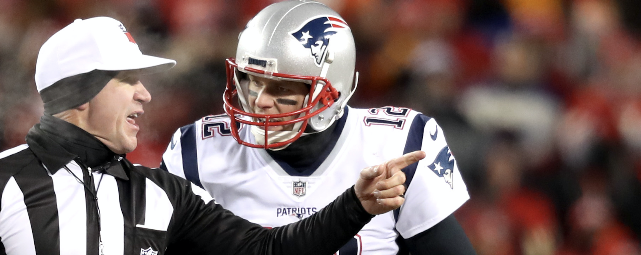 KANSAS CITY, MO - JANUARY 20: New England Patriots quarterback Tom Brady (12) argues with referee Clete Blakeman in the second quarter.The Kansas City Chiefs host the New England Patriots in an NFL AFC Championship game at Arrowhead Stadium in Kansas City, MO on Jan. 20, 2019. (Photo by Jim Davis/The Boston Globe via Getty Images)