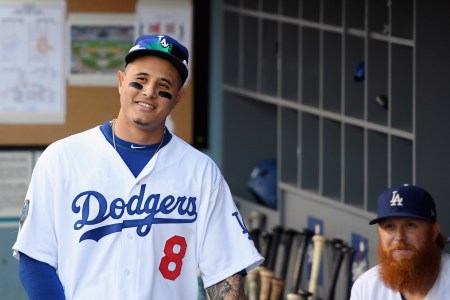 LOS ANGELES, CA - OCTOBER 26: Manny Machado #8 of the Los Angeles Dodgers looks on prior to Game Three of the 2018 World Series against the Boston Red Sox at Dodger Stadium on October 26, 2018 in Los Angeles, California.  (Photo by Harry How/Getty Images)