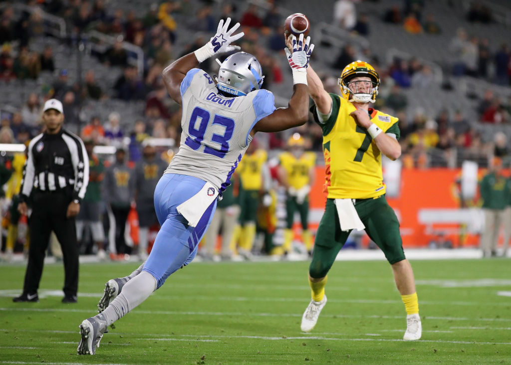 Quarterback John Wolford #7 of the Arizona Hotshots throws a pass during the second half of the Alliance of American Football game against the Salt Lake Stallions at Sun Devil Stadium on February 10, 2019 in Tempe, Arizona.  (Photo by Christian Petersen/AAF/Getty Images)
