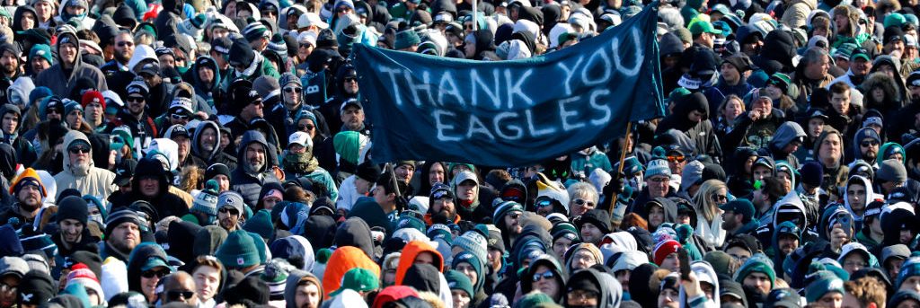 PHILADELPHIA, PA - FEBRUARY 08: Fans bundled against the cold await the start of the Philadelphia Eagles Super Bowl Championship parade on February 8, 2018 in Philadelphia, Pennsylvania. (Photo by Aaron P. Bernstein/Getty Images)