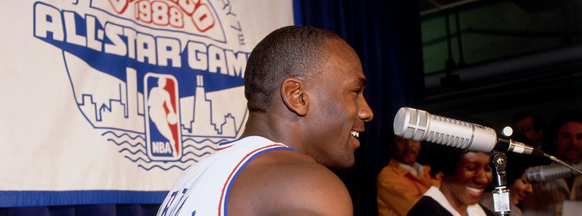 CHICAGO, IL - FEBRUARY 7: Michael Jordan #23 of the Eastern Conference talks to the media during the 1988 NBA All-Star Game on February 7, 1988 at the Chicago Stadium in Chicago, Illinois. (Photo by Andrew D. Bernstein/NBAE via Getty Images)