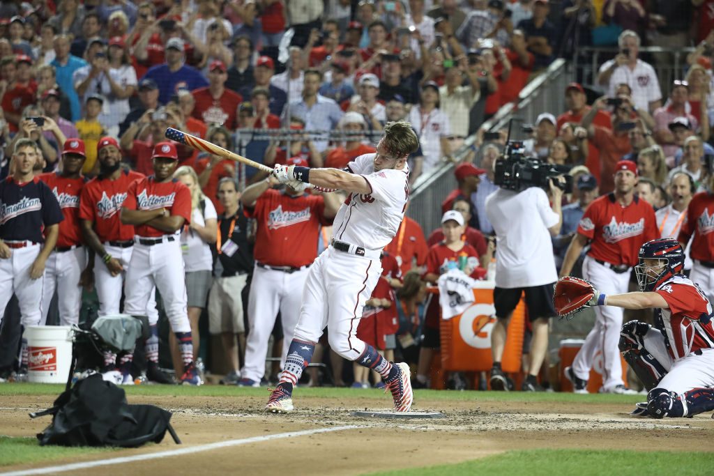 WASHINGTON, DC - JULY 16: Bryce Harper #34 during the T-Mobile Home Run Derby at Nationals Park on July 16, 2018 in Washington, DC. (Photo by Rob Carr/Getty Images)