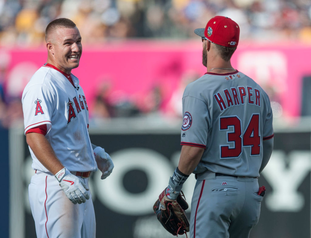 SAN DIEGO, CA - JULY 12: The Angels' Mike Trout jokes around with the Nationals' Bryce Harper during the 2016 MLB All-Star Game at Petco Park in San Diego on Tuesday.



///ADDITIONAL INFO:



allstar.0713.kjs  ---  Photo by KEVIN SULLIVAN / Orange County Register  -- 7/12/16



The 2016 MLB All-Star Game at Petco Park in San Diego.

 (Photo by Kevin Sullivan/Digital First Media/Orange County Register via Getty Images)