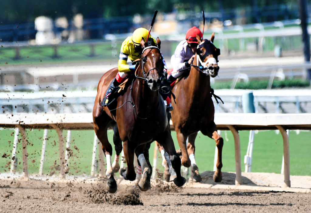ARCADIA, CA - SEPTEMBER 29:  Jockey Rafael Bejarano, left, riding I Am the Danger wins the second race of the day during the Autumn meet at Santa Anita Park on Friday, September 27, 2018 in Arcadia, California. (Photo by Keith Birmingham/Digital First Media/Pasadena Star-News via Getty Images)