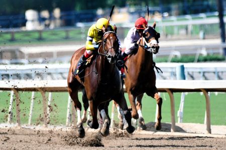 ARCADIA, CA - SEPTEMBER 29:  Jockey Rafael Bejarano, left, riding I Am the Danger wins the second race of the day during the Autumn meet at Santa Anita Park on Friday, September 27, 2018 in Arcadia, California. (Photo by Keith Birmingham/Digital First Media/Pasadena Star-News via Getty Images)