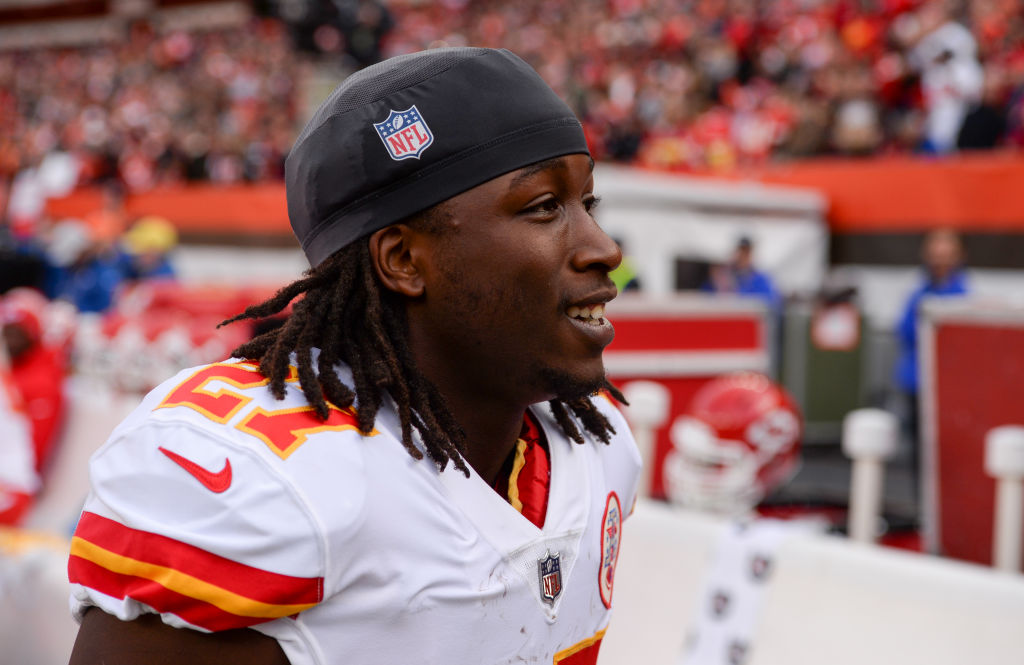CLEVELAND, OH - NOVEMBER 4, 2018: Running back Kareem Hunt #27 of the Kansas City Chiefs on the sideline prior to a game against the Cleveland Browns on November 4, 2018 at FirstEnergy Stadium in Cleveland, Ohio. Kansas City won 37-21. (Photo by: 2018 Nick Cammett/Diamond Images/Getty Images)