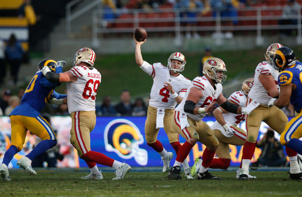 Nick Mullens #4 of the San Francisco 49ers in 2018 in LA. (Photo by Michael Zagaris/San Francisco 49ers/Getty Images)