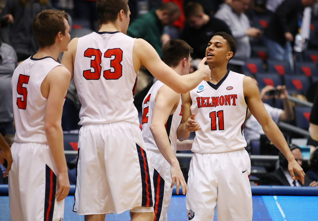 Kevin McClain #11 of the Belmont Bruins celebrates with teammates during the second half against the Temple Owls in the First Four of the 2019 NCAA Men's Basketball Tournament at UD Arena on March 19, 2019 in Dayton, Ohio. (Photo by Gregory Shamus/Getty Images)