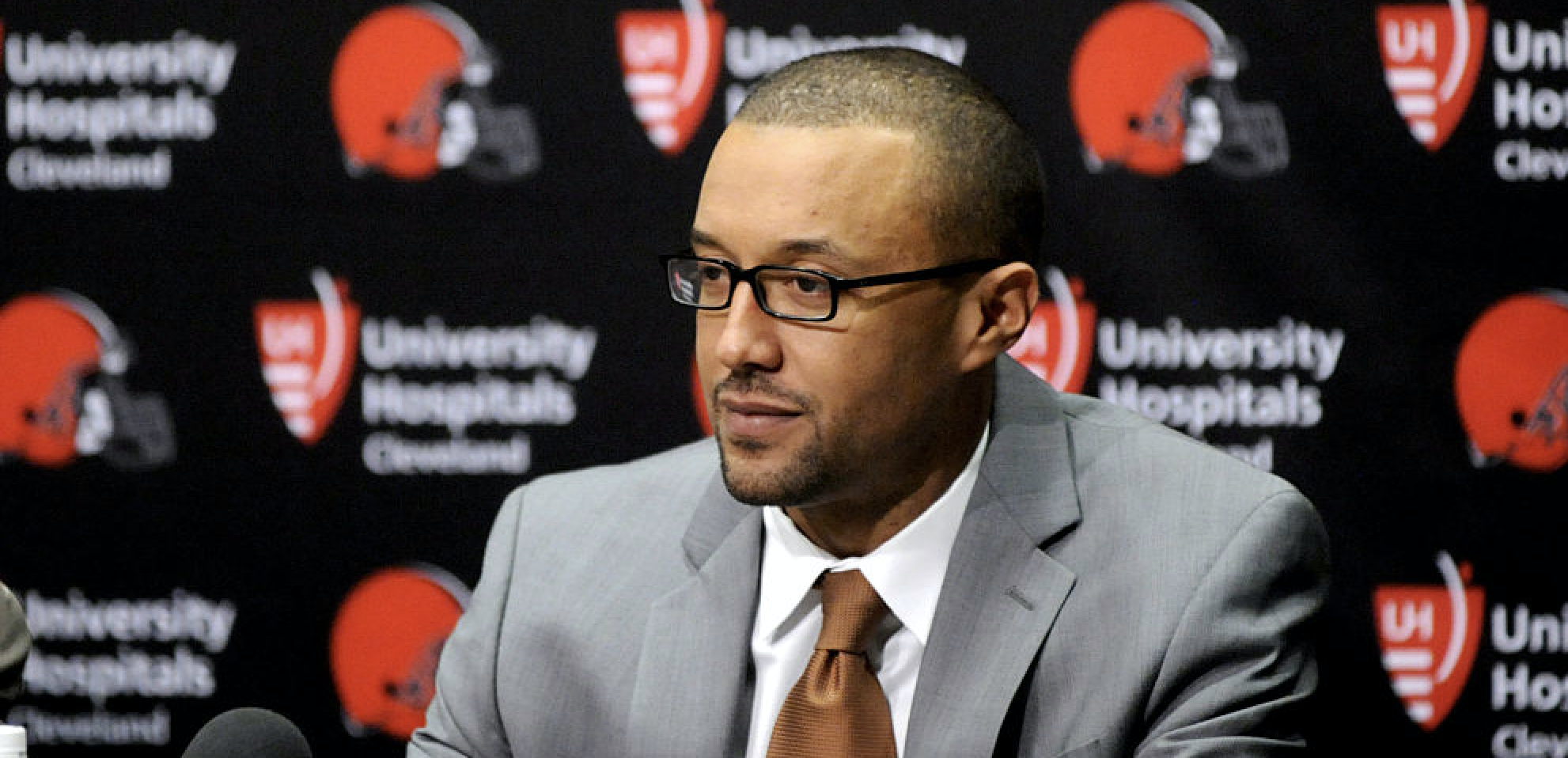BEREA, OH - JANUARY 13, 2016: Executive vice president of football operations Sashi Brown of the Cleveland Browns listens to questions during an introductory press conference. (Photo by Nick Cammett/Diamond Images/Getty Images)