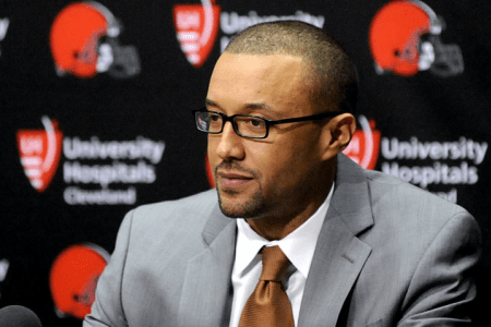 BEREA, OH - JANUARY 13, 2016: Executive vice president of football operations Sashi Brown of the Cleveland Browns listens to questions during an introductory press conference. (Photo by Nick Cammett/Diamond Images/Getty Images)