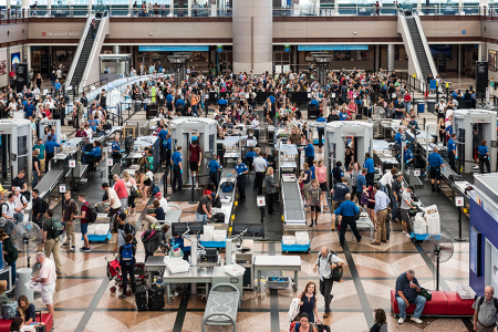 A familiar scene at Denver International Airport's famously congested security corral