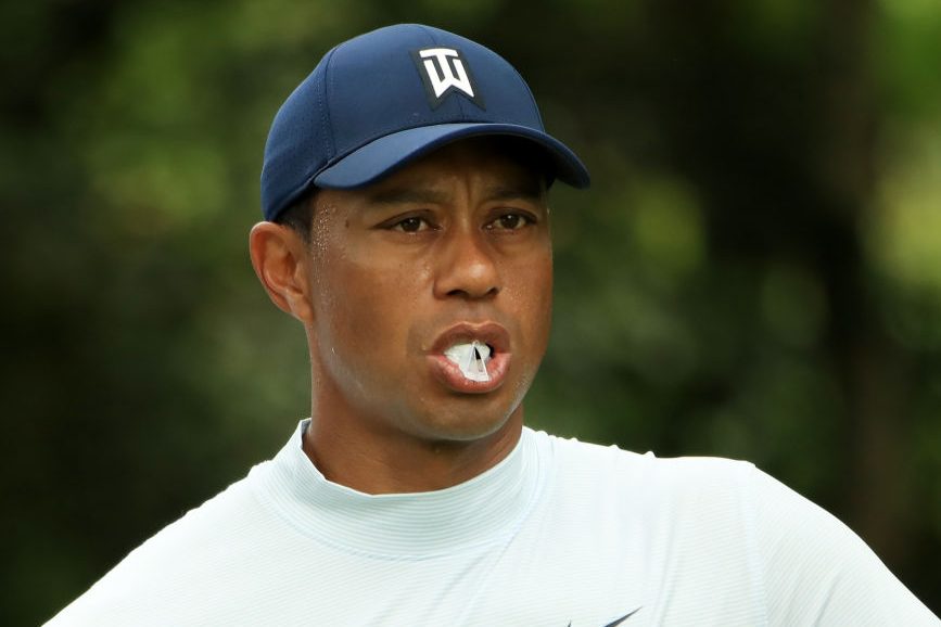 Tiger Woods chews gum at the Masters. (Photo by Andrew Redington/Getty Images)