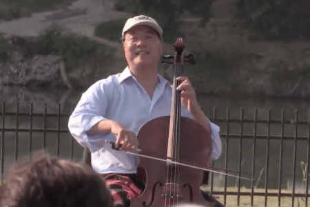 Cellist Yo-Yo Ma performing Bach next to the Rio Grande in Laredo, Texas on Saturday, April, 13, 2019. (Photo screengrab credit: Texas Public Radio)