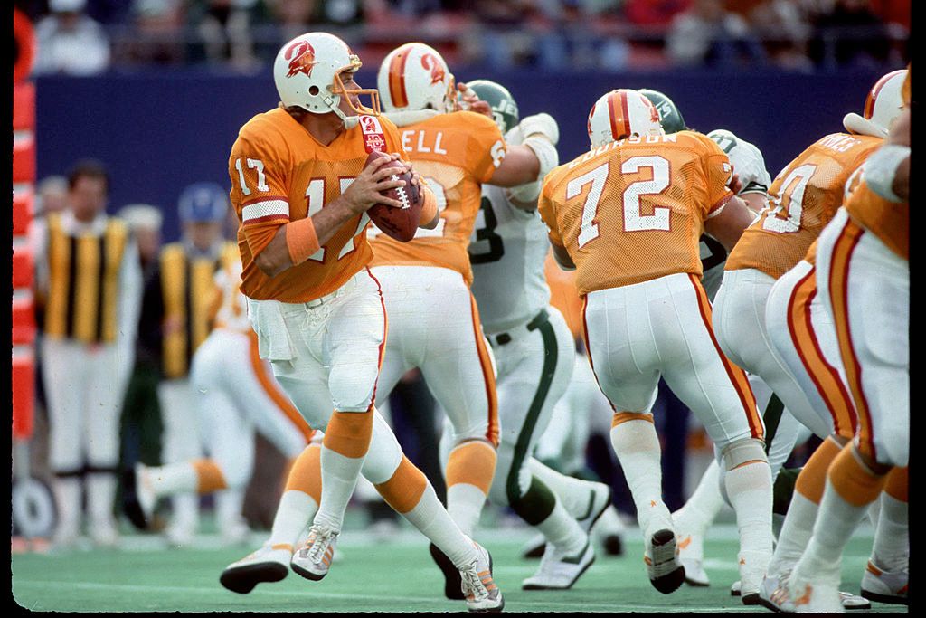 The Tampa Bay Buccaneers wearing creamsicle uniforms in 1985. (George Gojkovich/Getty)