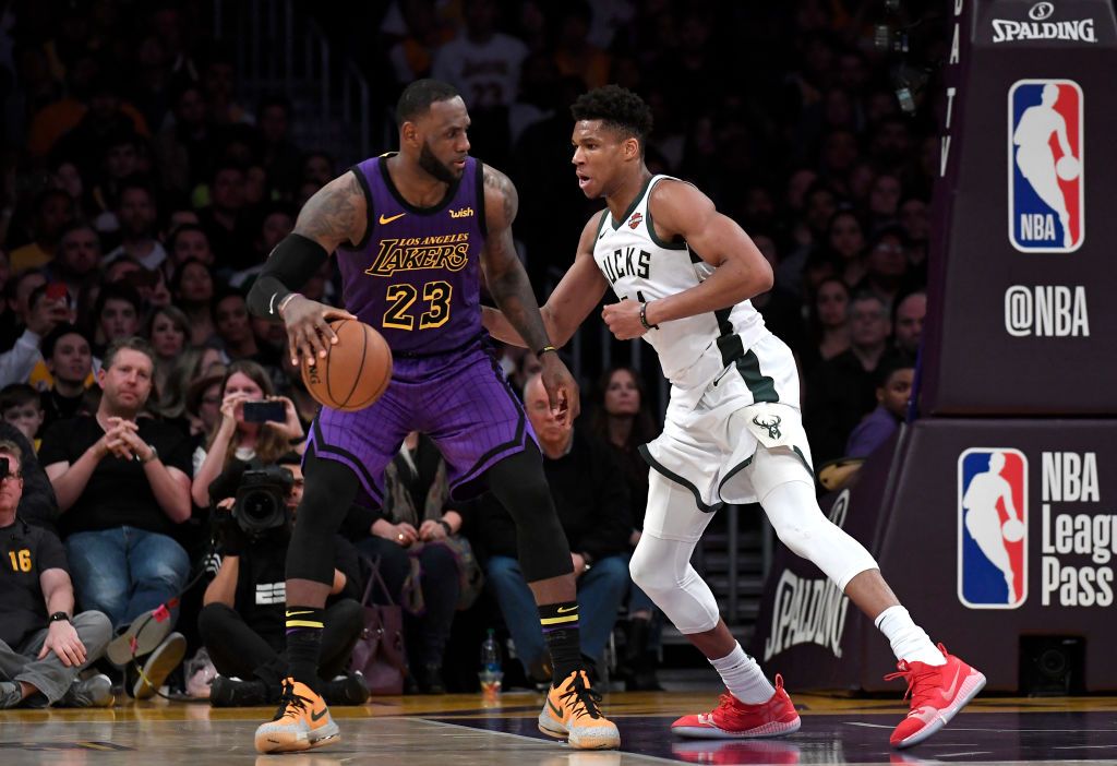 LeBron James guarded by Giannis Antetokounmpo (Kevork Djansezian/Getty)