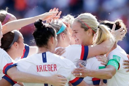Julie Ertz of celebrates a goal. (Eric Verhoeven/Soccrates/Getty)