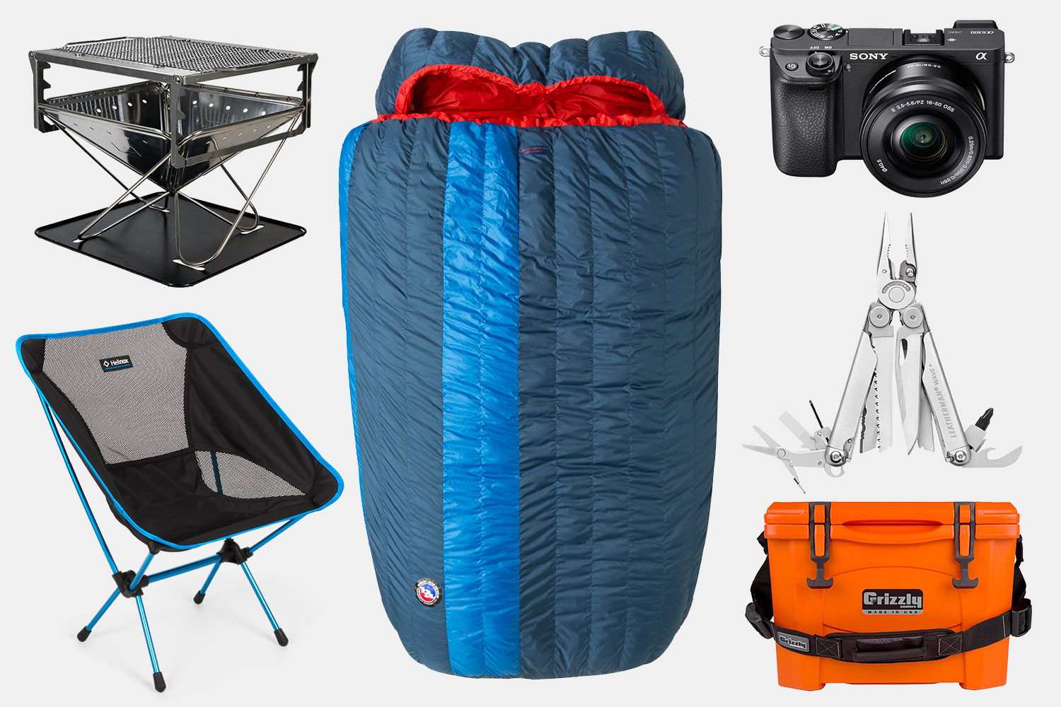 A camp stove, Helinox camp chair, double sleeping bag, digital camera, Leatherman multitool and orange cooler, all part of the car camping gear Brock Keen brings when adventuring in his Porsche 996 C4S