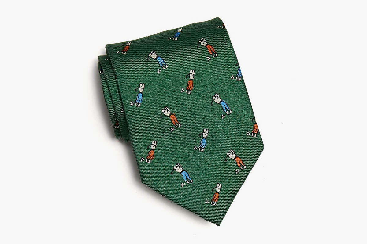 Drakes Golf Player Print Silk Tie