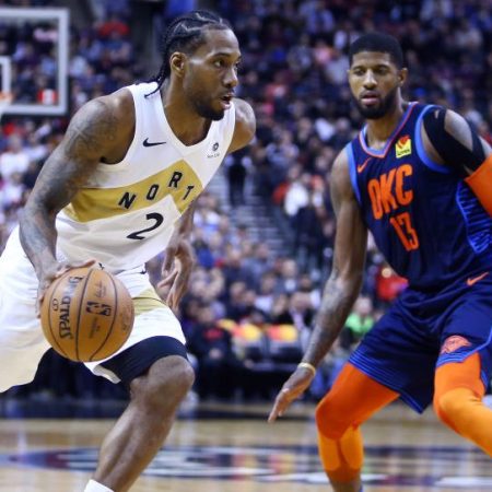 Kawhi Leonard #2 and Paul George. (Vaughn Ridley/Getty)