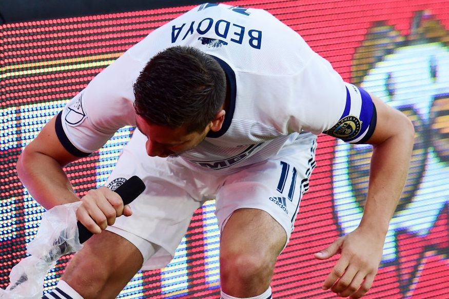 Alejandro Bedoya Yells into Microphone