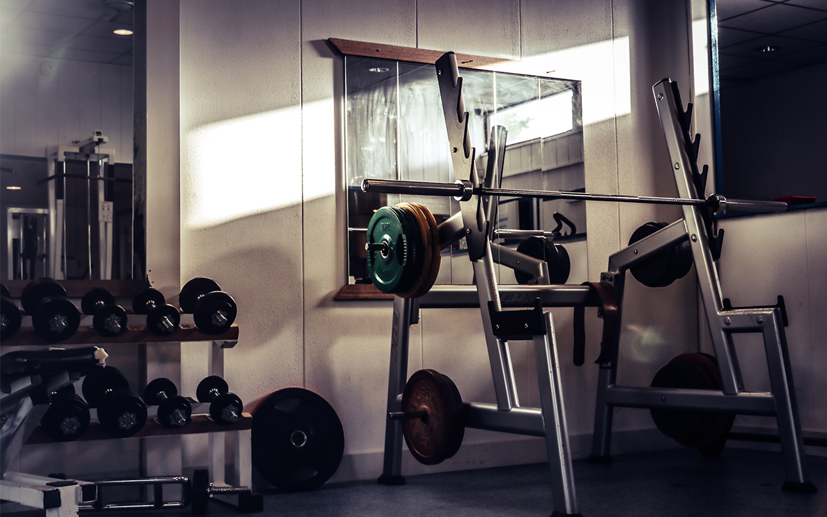 A photo of LeBron James exercising, in black and white.