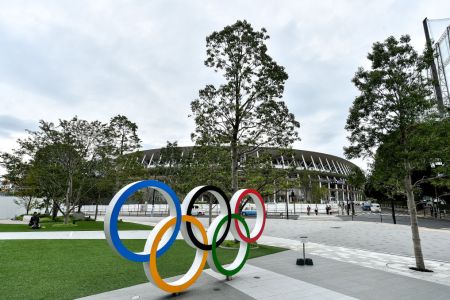 Olympic rings are seen outside the Tokyo Olympic Stadium ahead of the 2020 Tokyo Summer Olympic Games.(Photo By Brendan Moran/Sportsfile via Getty Images)