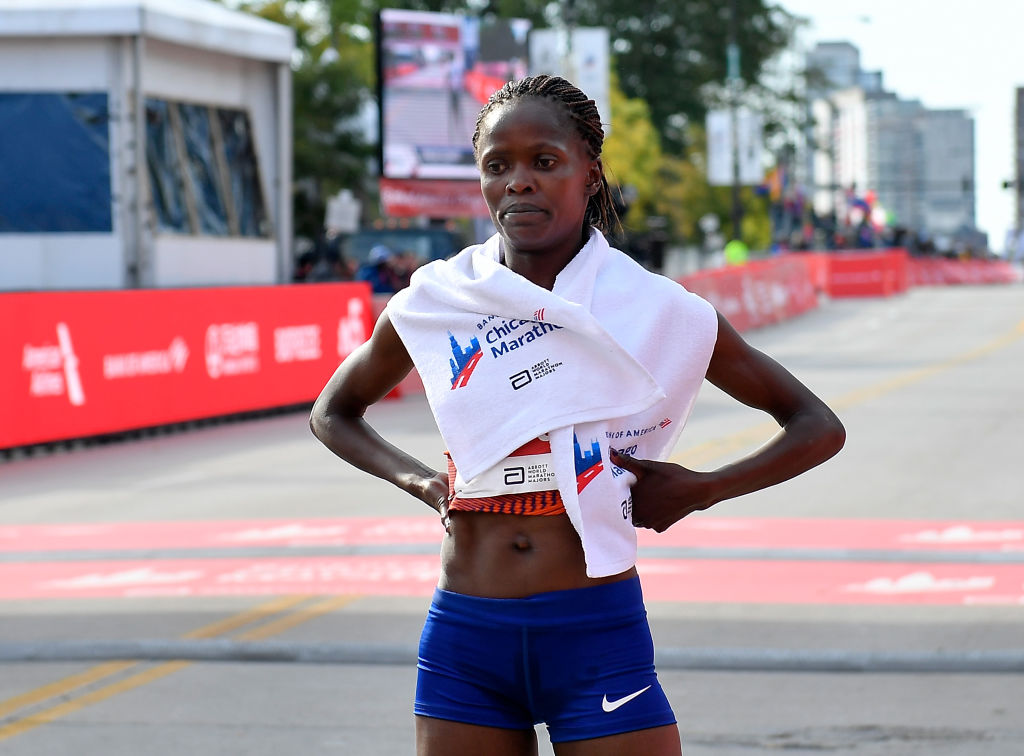 Brigid Kosgei of Kenya reacts after wining the 2019 Bank of America Chicago Marathon on October 13, 2019 in Chicago, Illinois. (Photo by Quinn Harris/Getty Images)